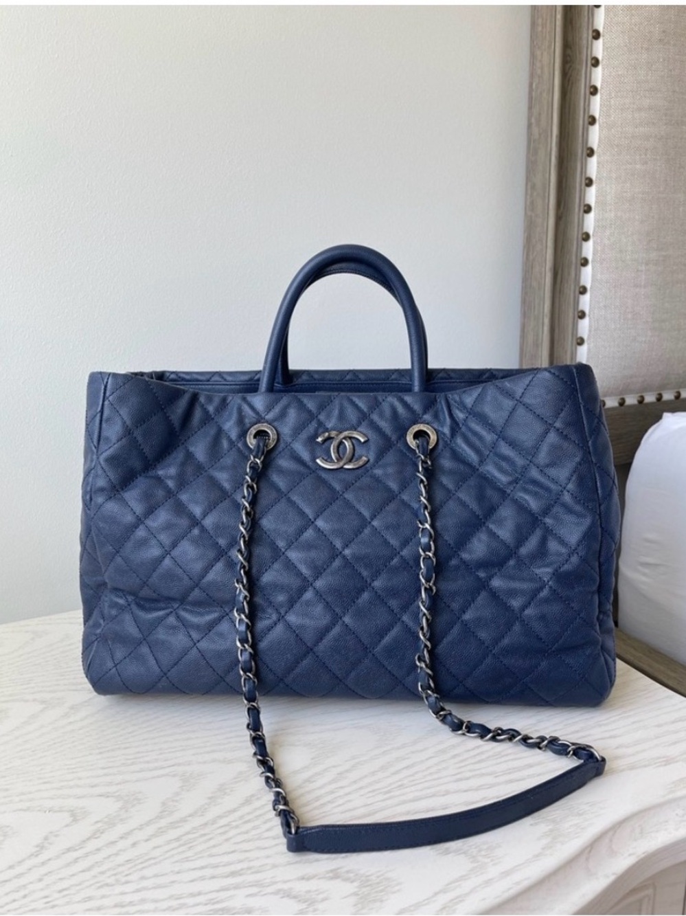 CHANEL Quilted Navy Leather Tote with Chain-Strap Handles Coco Allure
